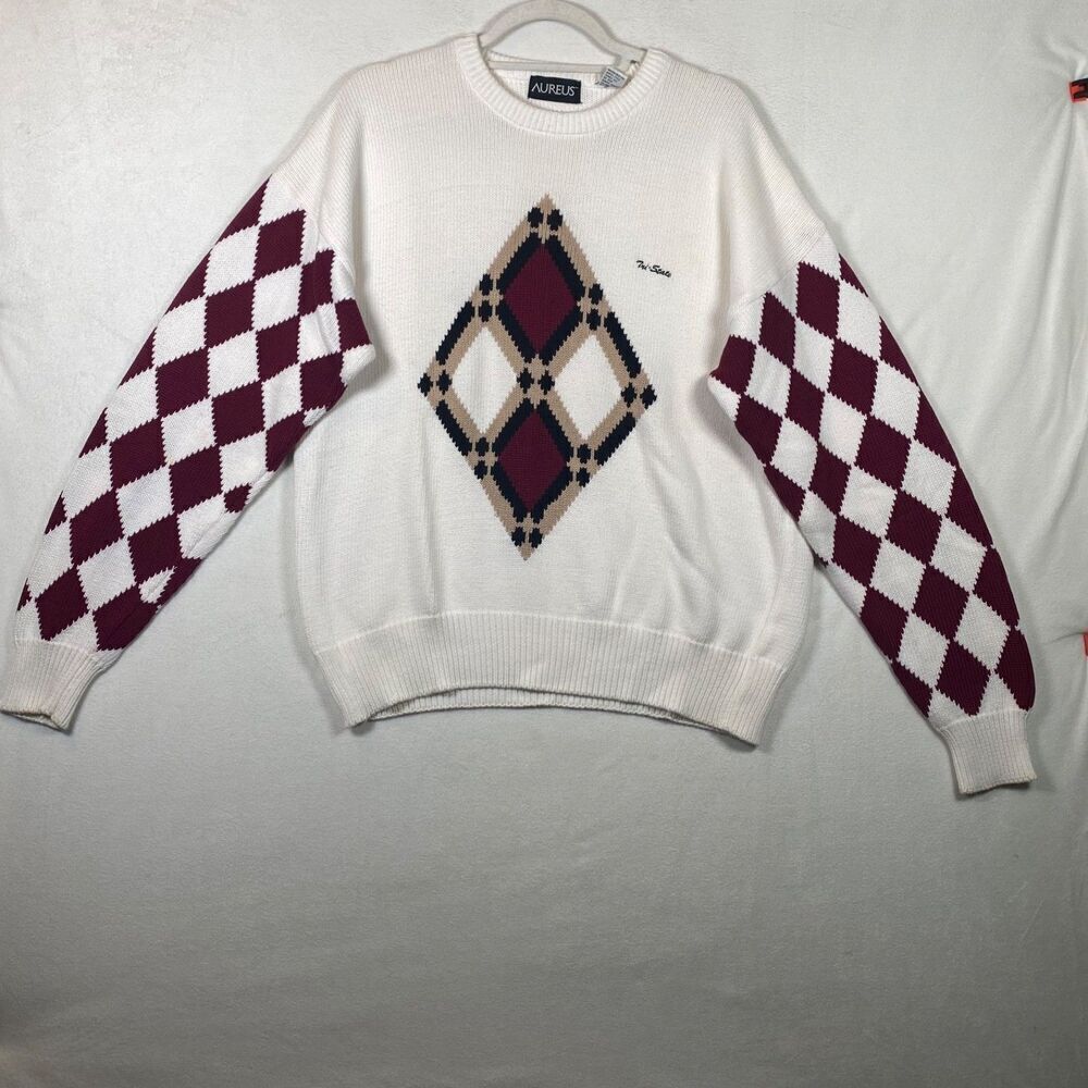 Vintage Aureus 100% Cotton Argyle Sweater Size L White Burgundy Tan Diamond Knit